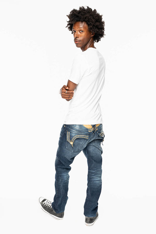 KILLER FLAP MENS SKINNY JEAN IN  OMAHA DARK WASH EMBELLISHED WITH AURUM & AQUA MARINE CRYSTALS