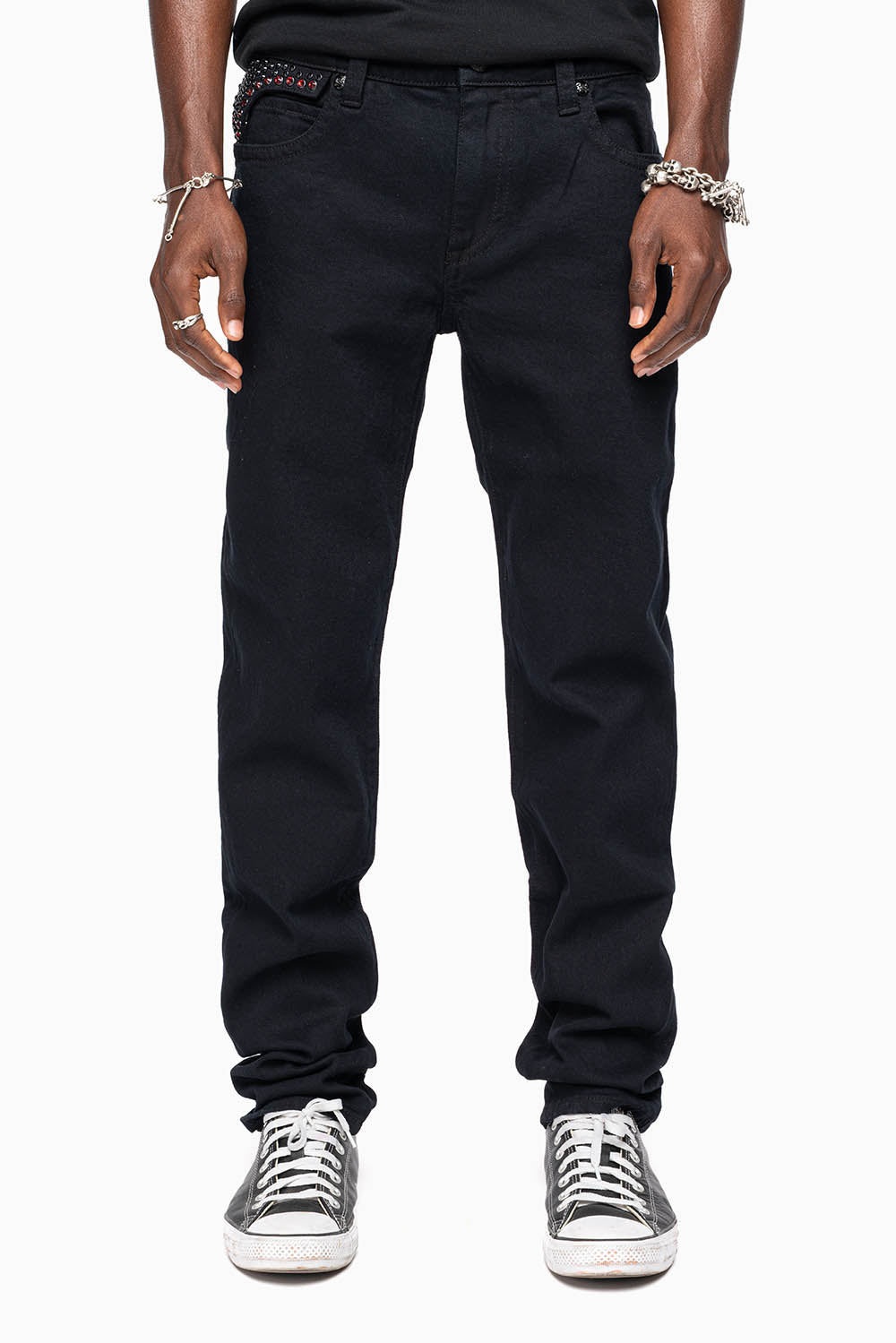 KILLER FLAP SKINNY JEANS FULLY EMBELISHED WITH CRYSTALS IN PURE BLACK WITH GOTHIC EMBROIDERY