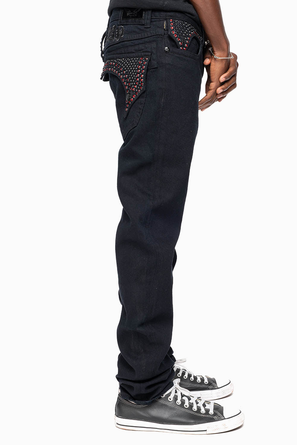 KILLER FLAP SKINNY JEANS FULLY EMBELISHED WITH CRYSTALS IN PURE BLACK WITH GOTHIC EMBROIDERY