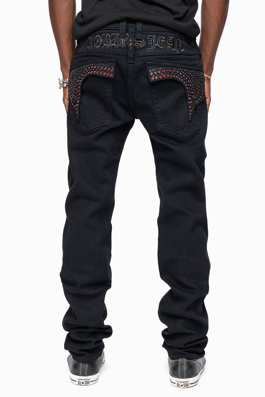 KILLER FLAP SKINNY JEANS FULLY EMBELISHED WITH CRYSTALS IN PURE BLACK WITH GOTHIC EMBROIDERY