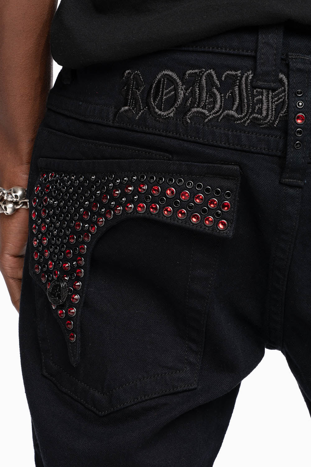 KILLER FLAP SKINNY JEANS FULLY EMBELISHED WITH CRYSTALS IN PURE BLACK WITH GOTHIC EMBROIDERY