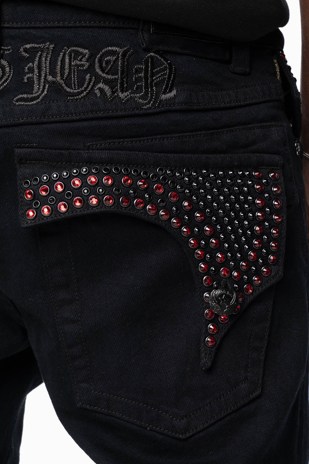 KILLER FLAP SKINNY JEANS FULLY EMBELISHED WITH CRYSTALS IN PURE BLACK WITH GOTHIC EMBROIDERY