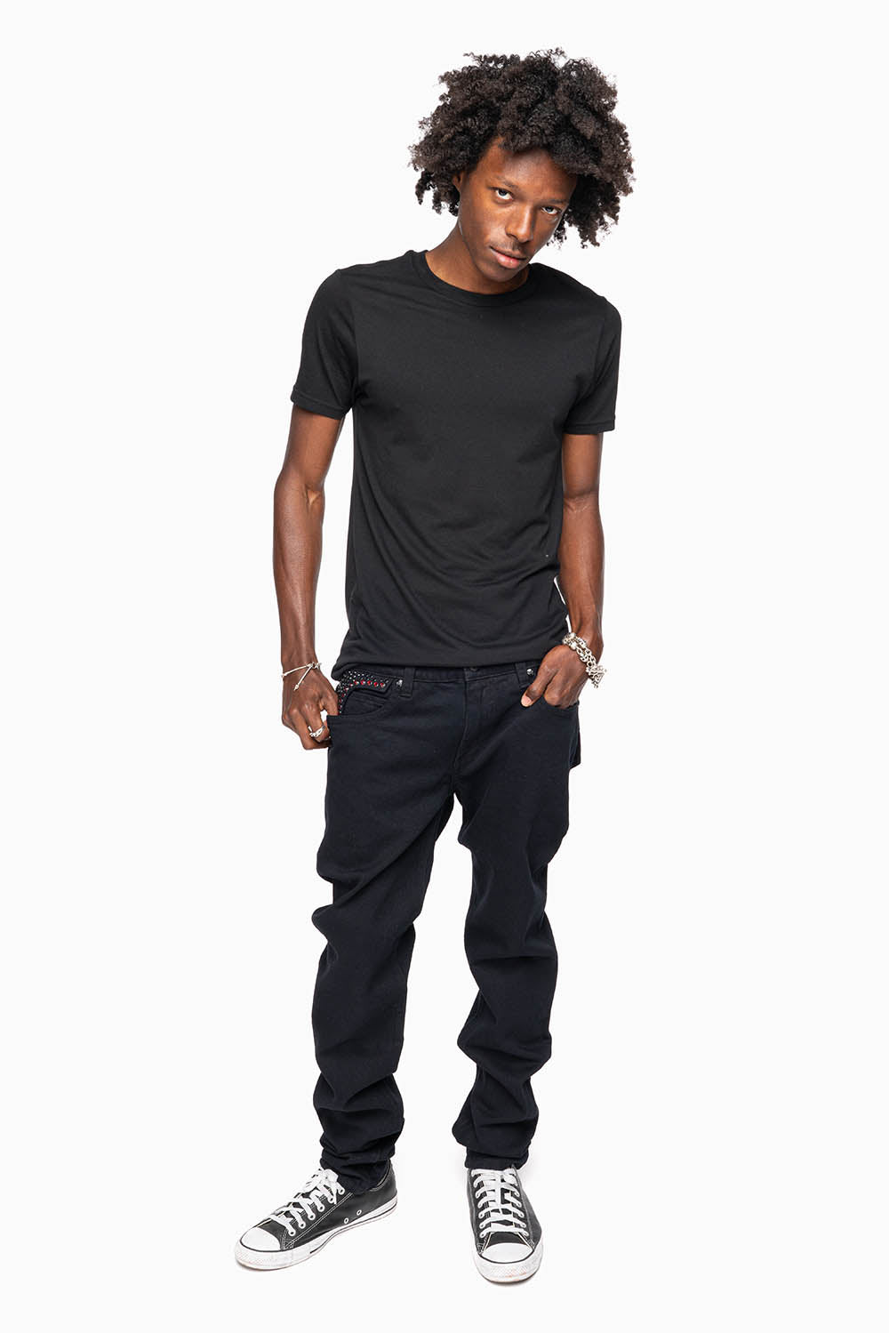 KILLER FLAP SKINNY JEANS FULLY EMBELISHED WITH CRYSTALS IN PURE BLACK WITH GOTHIC EMBROIDERY