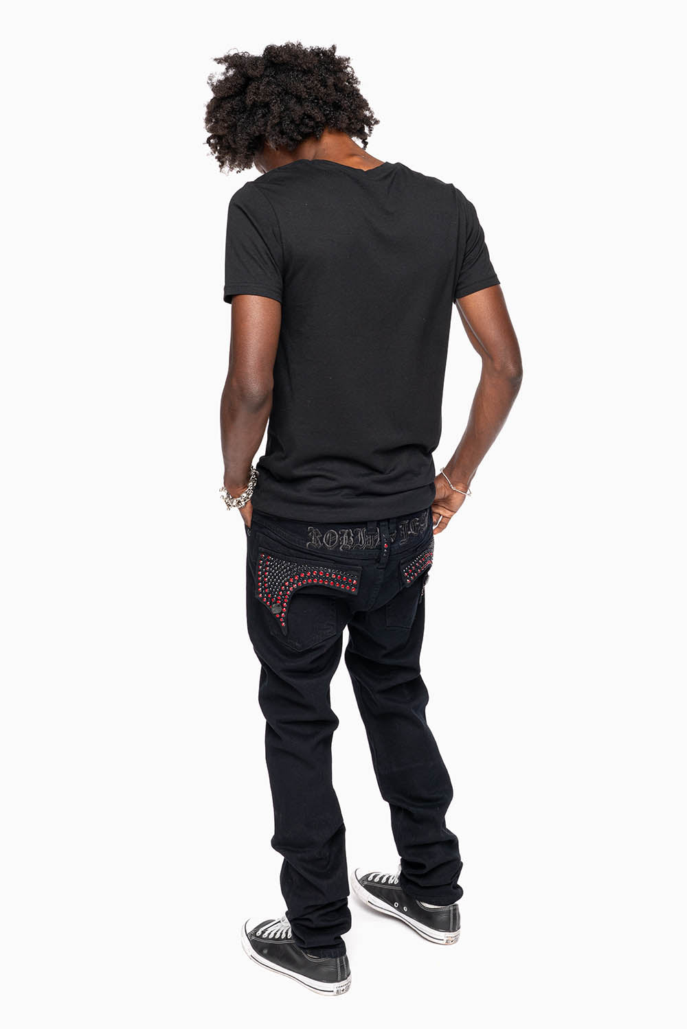 KILLER FLAP SKINNY JEANS FULLY EMBELISHED WITH CRYSTALS IN PURE BLACK WITH GOTHIC EMBROIDERY