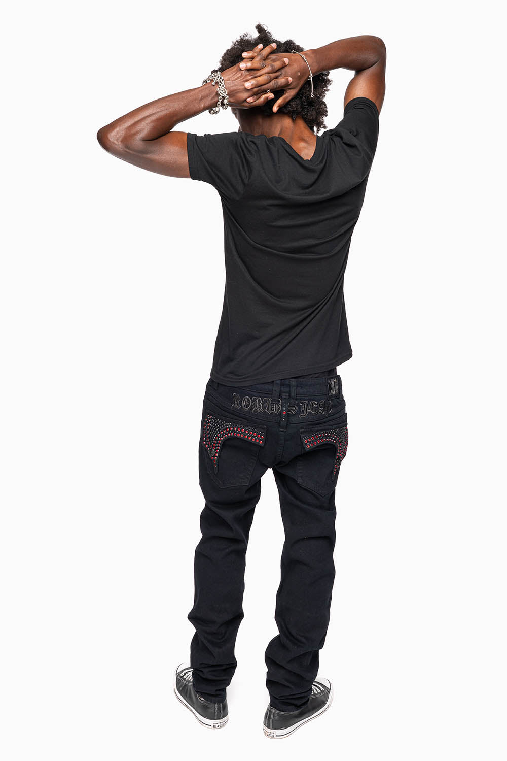 KILLER FLAP SKINNY JEANS FULLY EMBELISHED WITH CRYSTALS IN PURE BLACK WITH GOTHIC EMBROIDERY