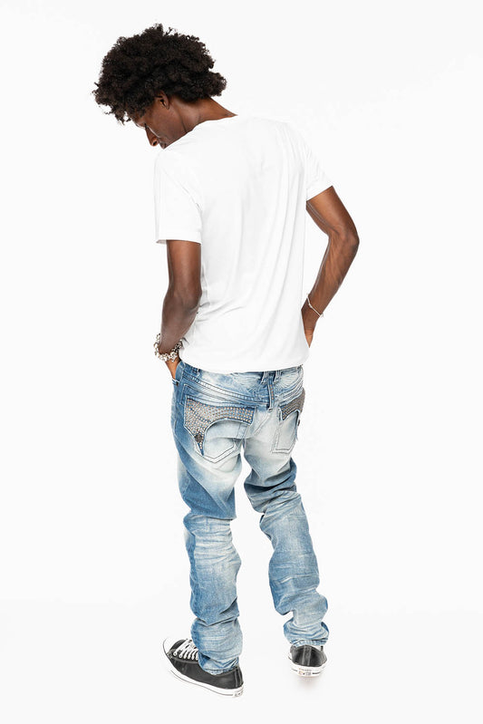 KILLER FLAP MENS SKINNY JEAN IN BLUE OMAHA MEDIUM WASH FULLY EMBELLISHED WITH BLACK DIAMOND CRYSTALS