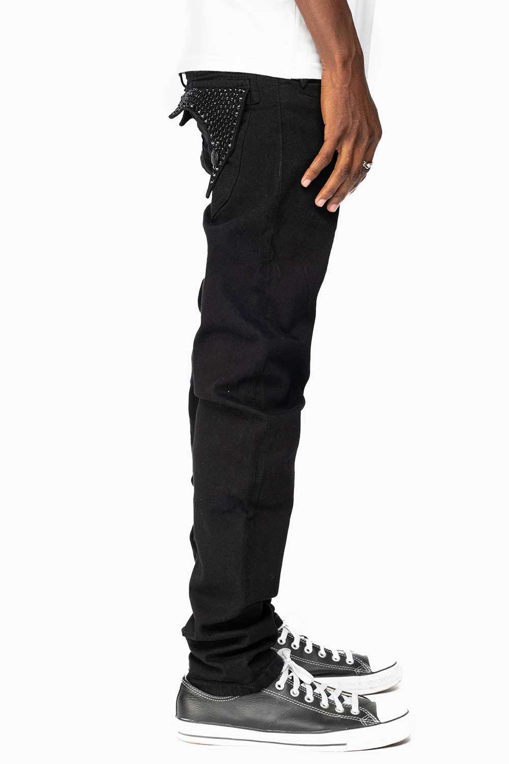 KILLER FLAP MENS SKINNY JEANS IN PURE BLACK  WITH BLK WINGS AND FULLY EMBELLISHED JET BLK CRYSTALS