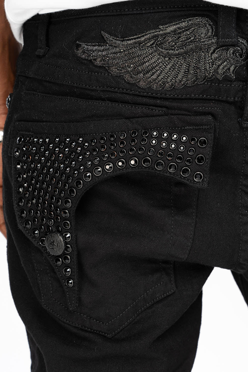 KILLER FLAP MENS SKINNY JEANS IN PURE BLACK  WITH BLK WINGS AND FULLY EMBELLISHED JET BLK CRYSTALS