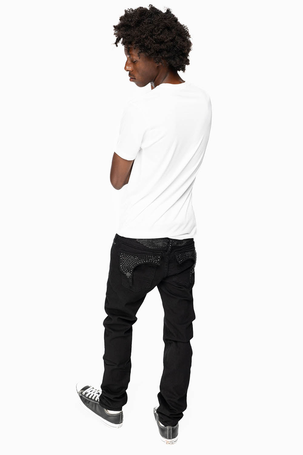 KILLER FLAP MENS SKINNY JEANS IN PURE BLACK  WITH BLK WINGS AND FULLY EMBELLISHED JET BLK CRYSTALS