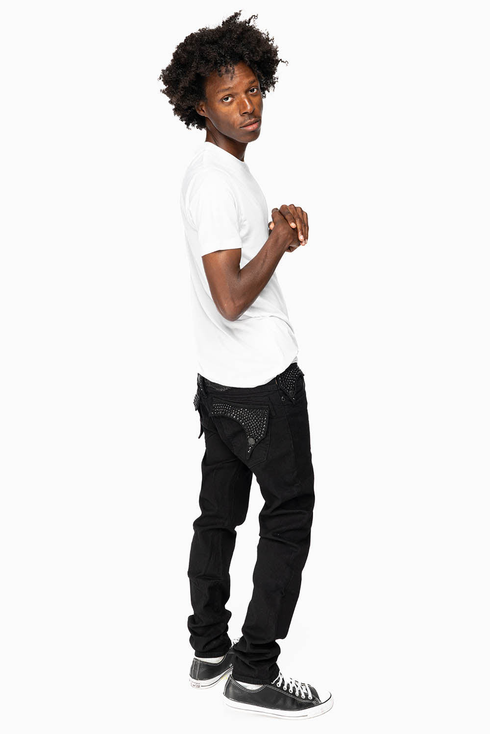 KILLER FLAP MENS SKINNY JEANS IN PURE BLACK  WITH BLK WINGS AND FULLY EMBELLISHED JET BLK CRYSTALS