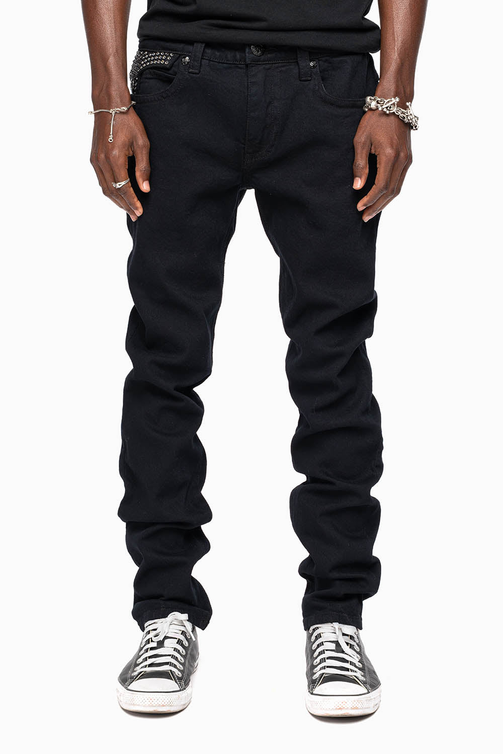 KILLER FLAP MENS SKINNY JEANS IN PURE BLACK WITH SILVER WINGS AND FULL BLK DIAMOND CRYSTALS