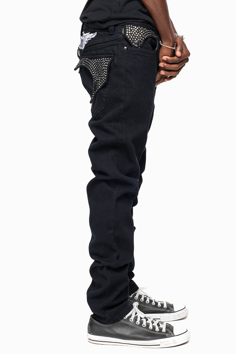 KILLER FLAP MENS SKINNY JEANS IN PURE BLACK WITH SILVER WINGS AND FULL BLK DIAMOND CRYSTALS