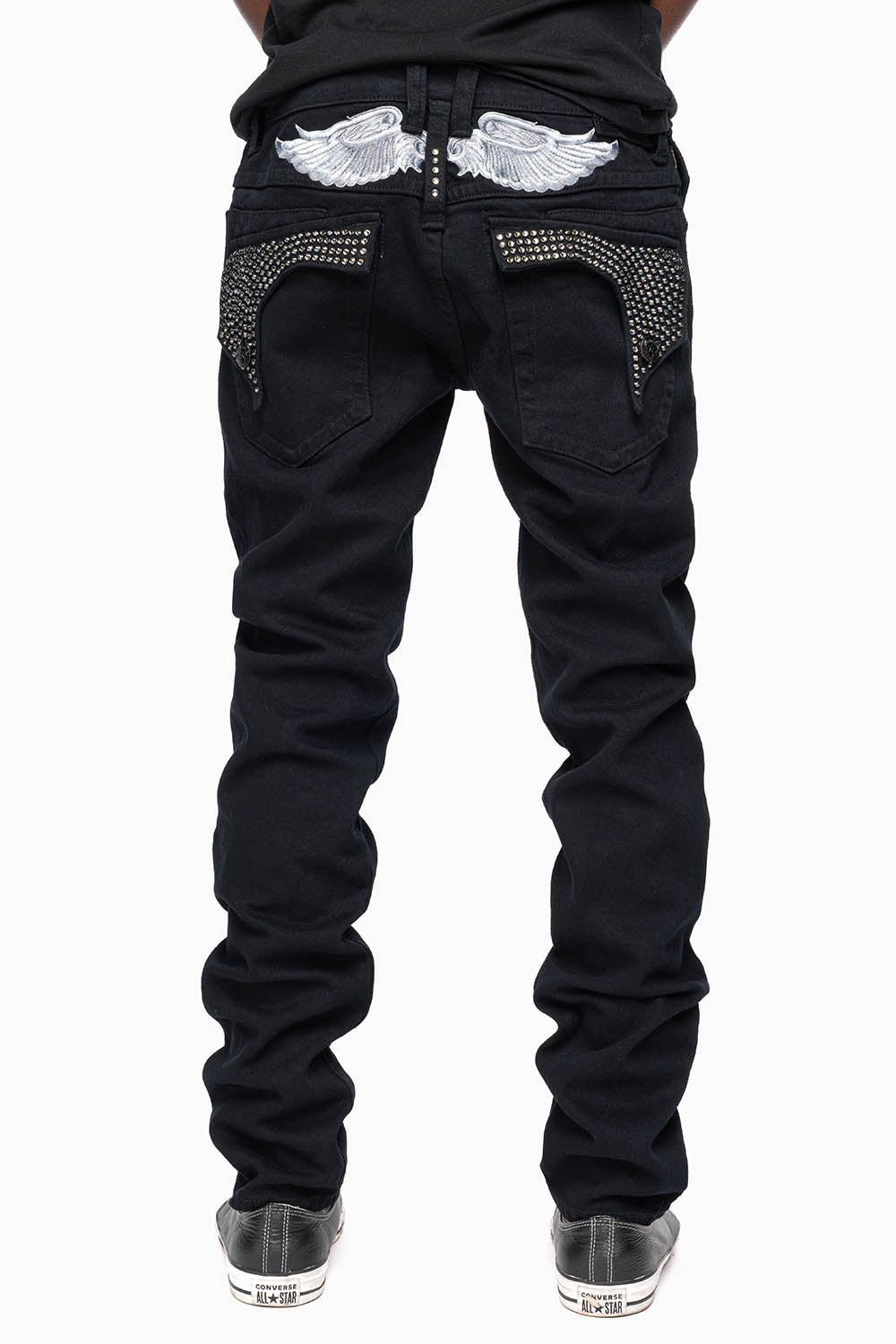 KILLER FLAP MENS SKINNY JEANS IN PURE BLACK WITH SILVER WINGS AND FULL BLK DIAMOND CRYSTALS