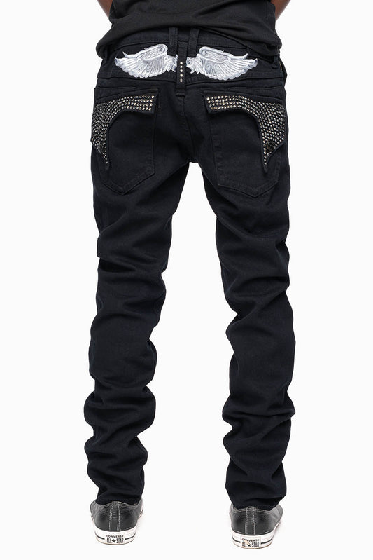 KILLER FLAP MENS SKINNY JEANS IN PURE BLACK WITH SILVER WINGS AND FULL BLK DIAMOND CRYSTALS