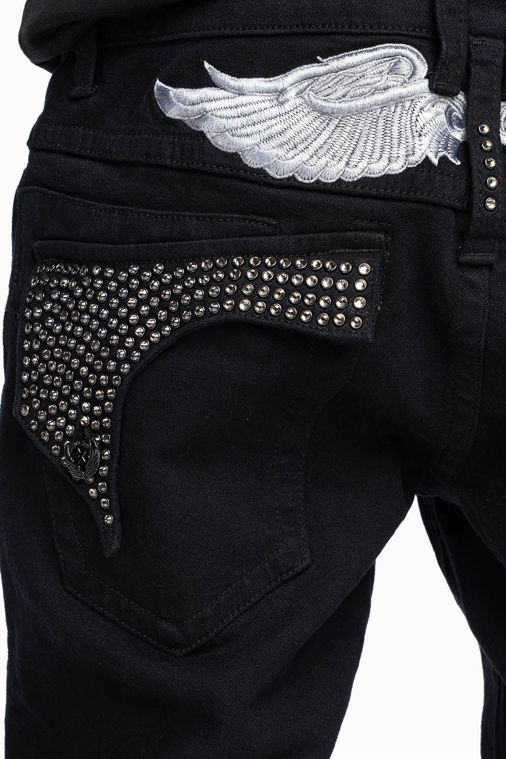 KILLER FLAP MENS SKINNY JEANS IN PURE BLACK WITH SILVER WINGS AND FULL BLK DIAMOND CRYSTALS