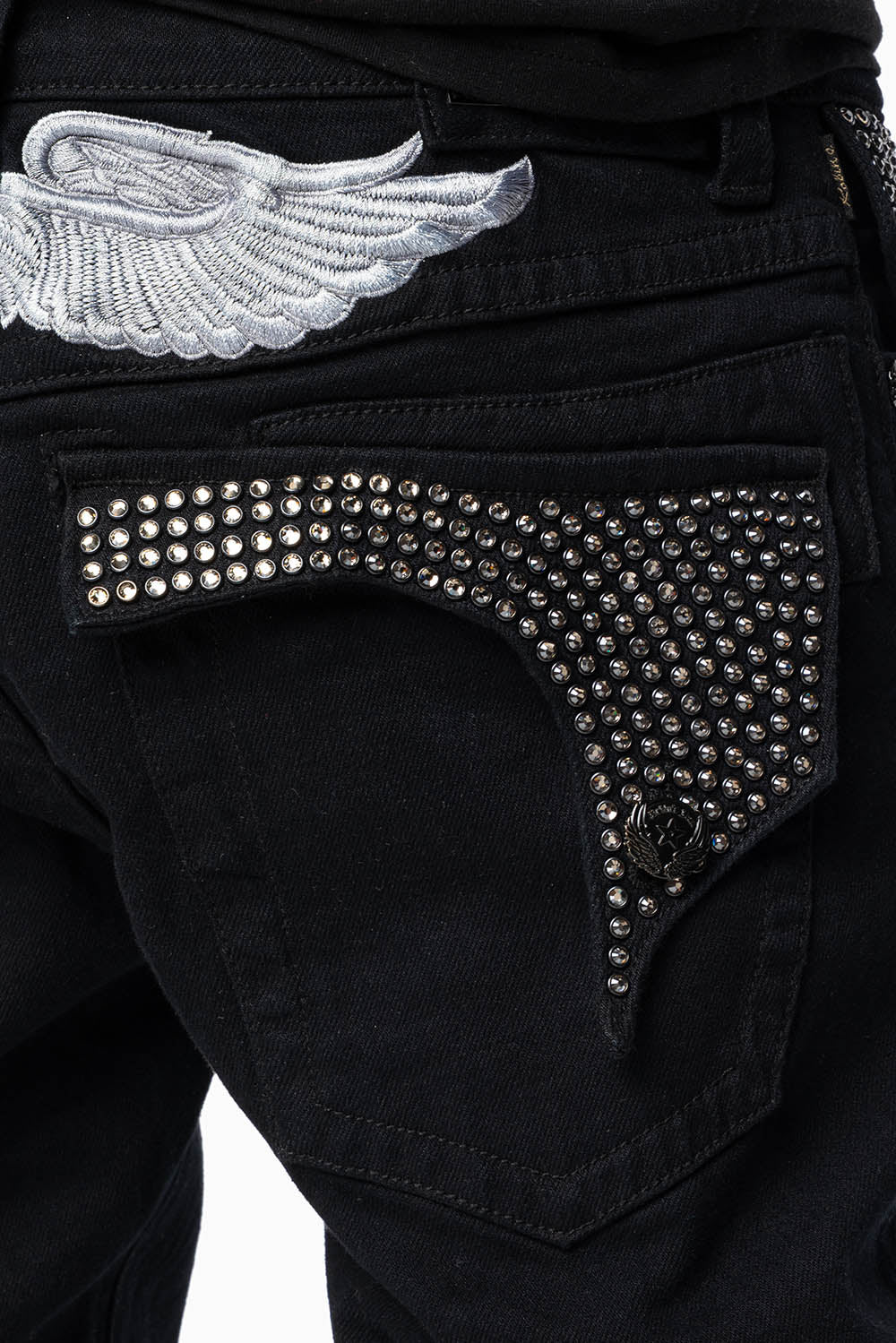 KILLER FLAP MENS SKINNY JEANS IN PURE BLACK WITH SILVER WINGS AND FULL BLK DIAMOND CRYSTALS