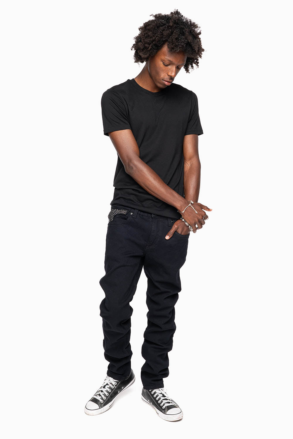 KILLER FLAP MENS SKINNY JEANS IN PURE BLACK WITH SILVER WINGS AND FULL BLK DIAMOND CRYSTALS