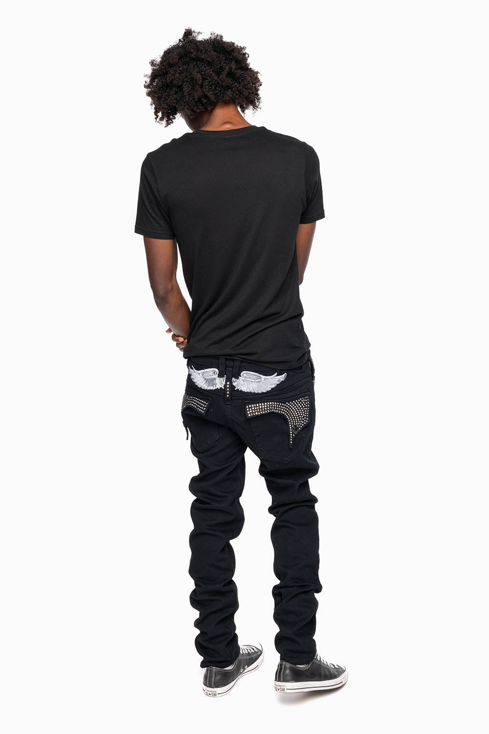 KILLER FLAP MENS SKINNY JEANS IN PURE BLACK WITH SILVER WINGS AND FULL BLK DIAMOND CRYSTALS