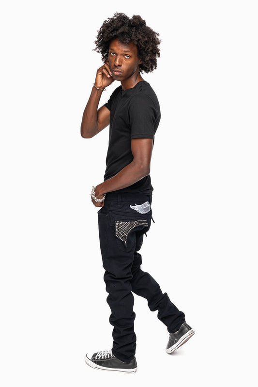 KILLER FLAP MENS SKINNY JEANS IN PURE BLACK WITH SILVER WINGS AND FULL BLK DIAMOND CRYSTALS