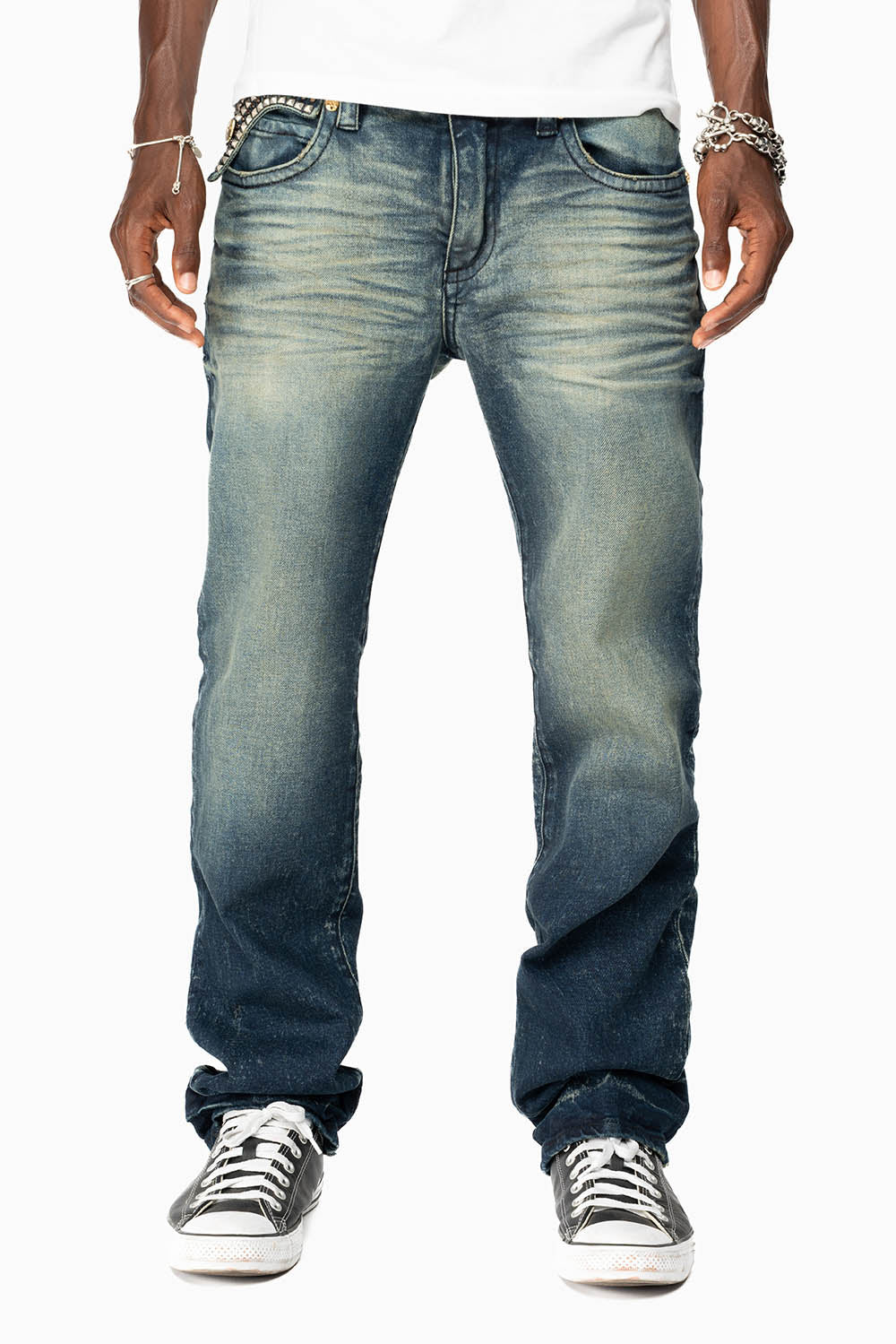 KILLER FLAP MENS STRAIGHT LEG JEAN IN 4D DARK BLUE WASH WITH STUDS AND CRYSTALS
