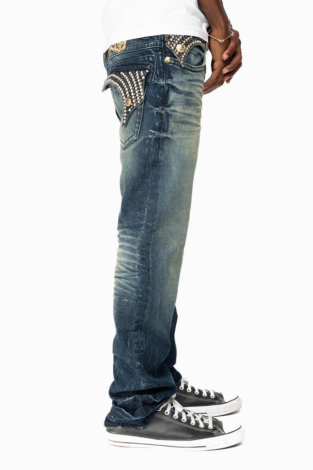 KILLER FLAP MENS STRAIGHT LEG JEAN IN 4D DARK BLUE WASH WITH STUDS AND CRYSTALS