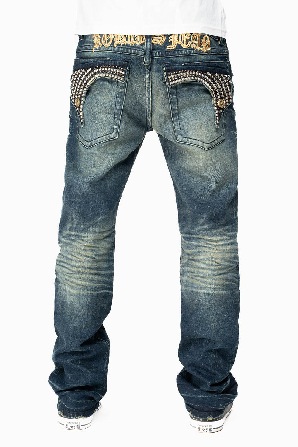 KILLER FLAP MENS STRAIGHT LEG JEAN IN 4D DARK BLUE WASH WITH STUDS AND CRYSTALS