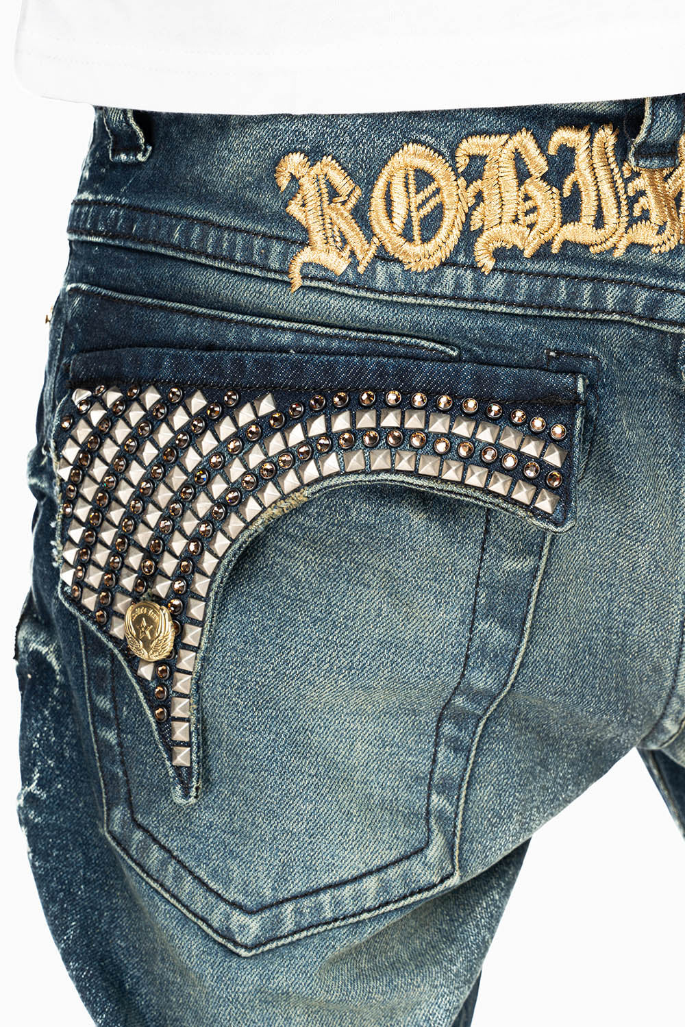 KILLER FLAP MENS STRAIGHT LEG JEAN IN 4D DARK BLUE WASH WITH STUDS AND CRYSTALS