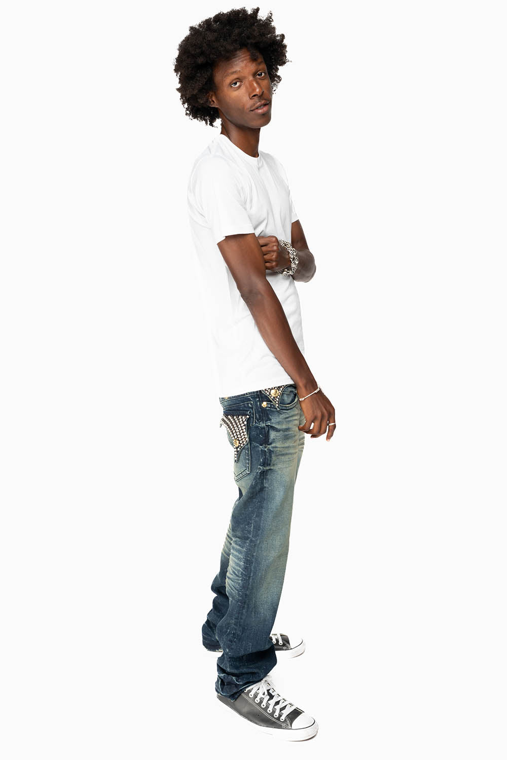 KILLER FLAP MENS STRAIGHT LEG JEAN IN 4D DARK BLUE WASH WITH STUDS AND CRYSTALS