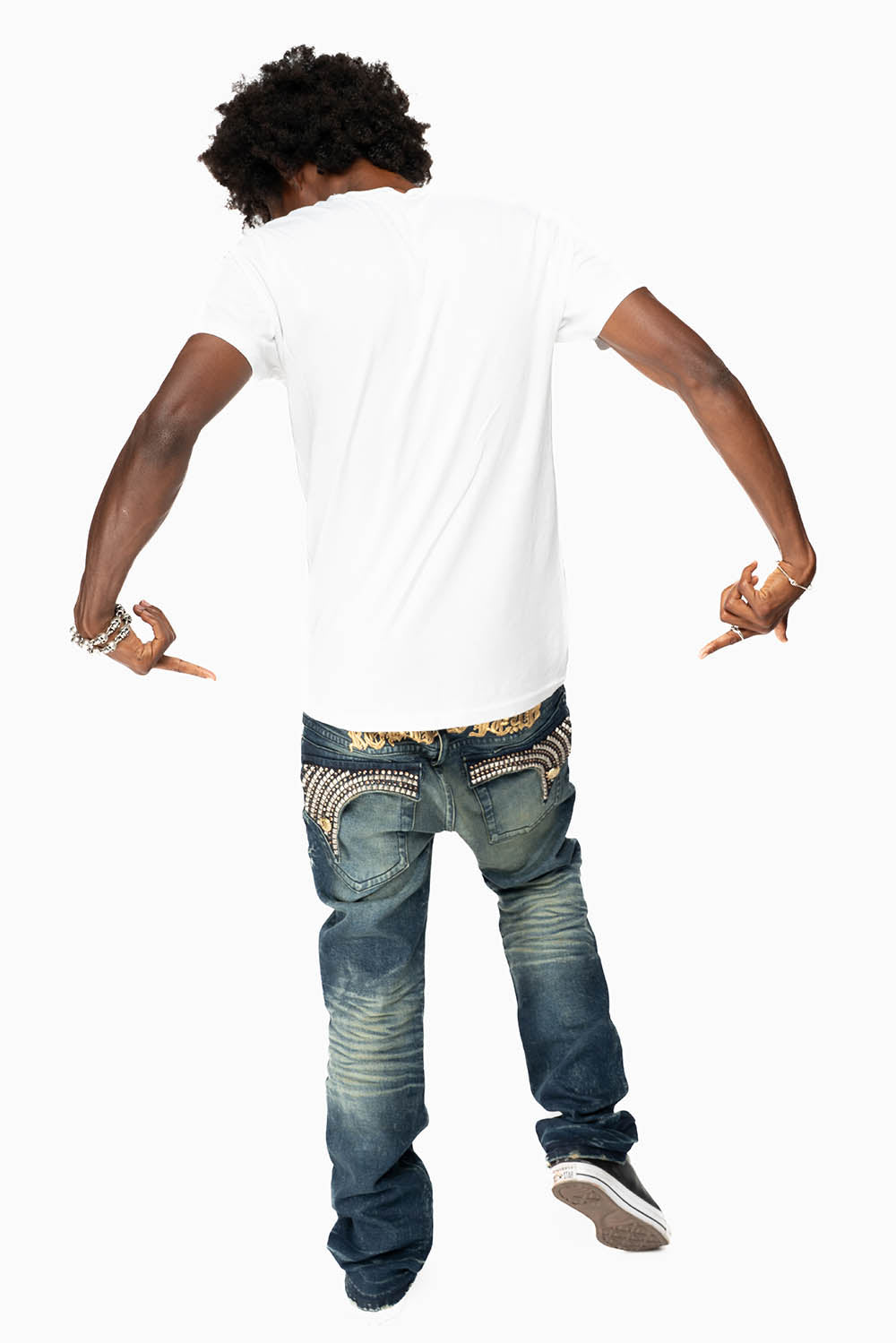 KILLER FLAP MENS STRAIGHT LEG JEAN IN 4D DARK BLUE WASH WITH STUDS AND CRYSTALS