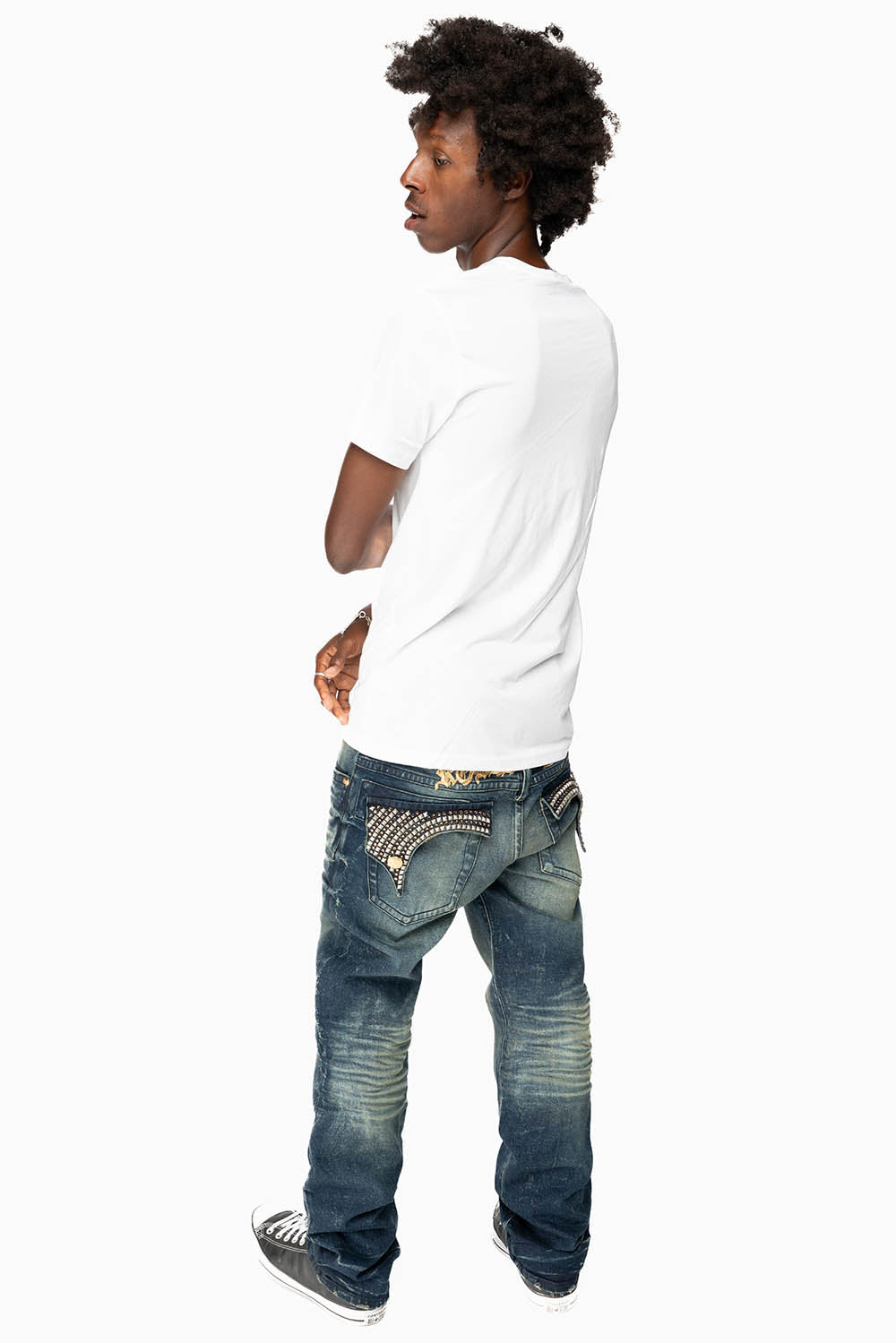 KILLER FLAP MENS STRAIGHT LEG JEAN IN 4D DARK BLUE WASH WITH STUDS AND CRYSTALS