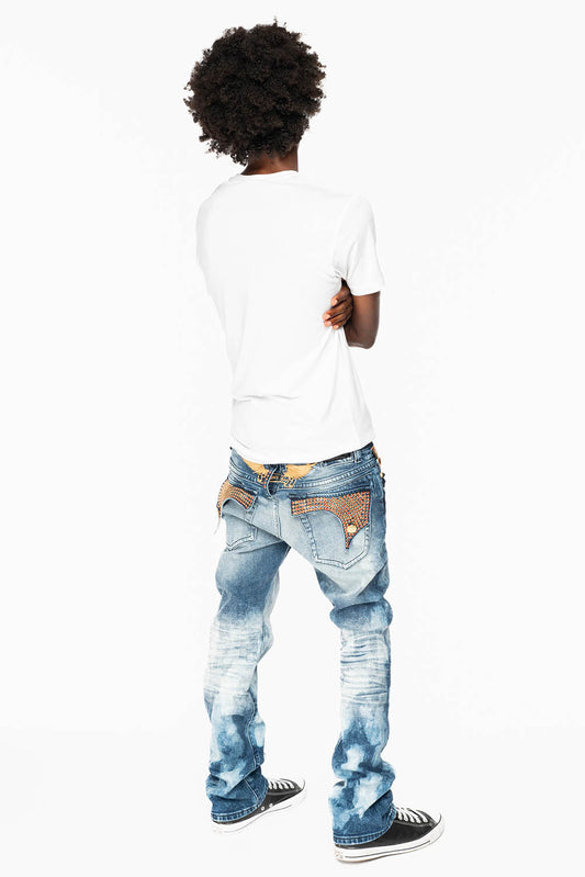 KILLER FLAP MENS STRAIGHT LEG  JEAN IN BLUE NEW CLOUD JAPAN WASH FULLY EMBELLISHED WITH RED CRYSTALS