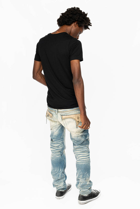 WESTERN KILLER FLAP STRAIGHT LEG JEAN WITH ULTRA SUEDE POCKET EMBELLISHED WITH CRYSTALS AND STUDS IN OMAHA TAN WASH