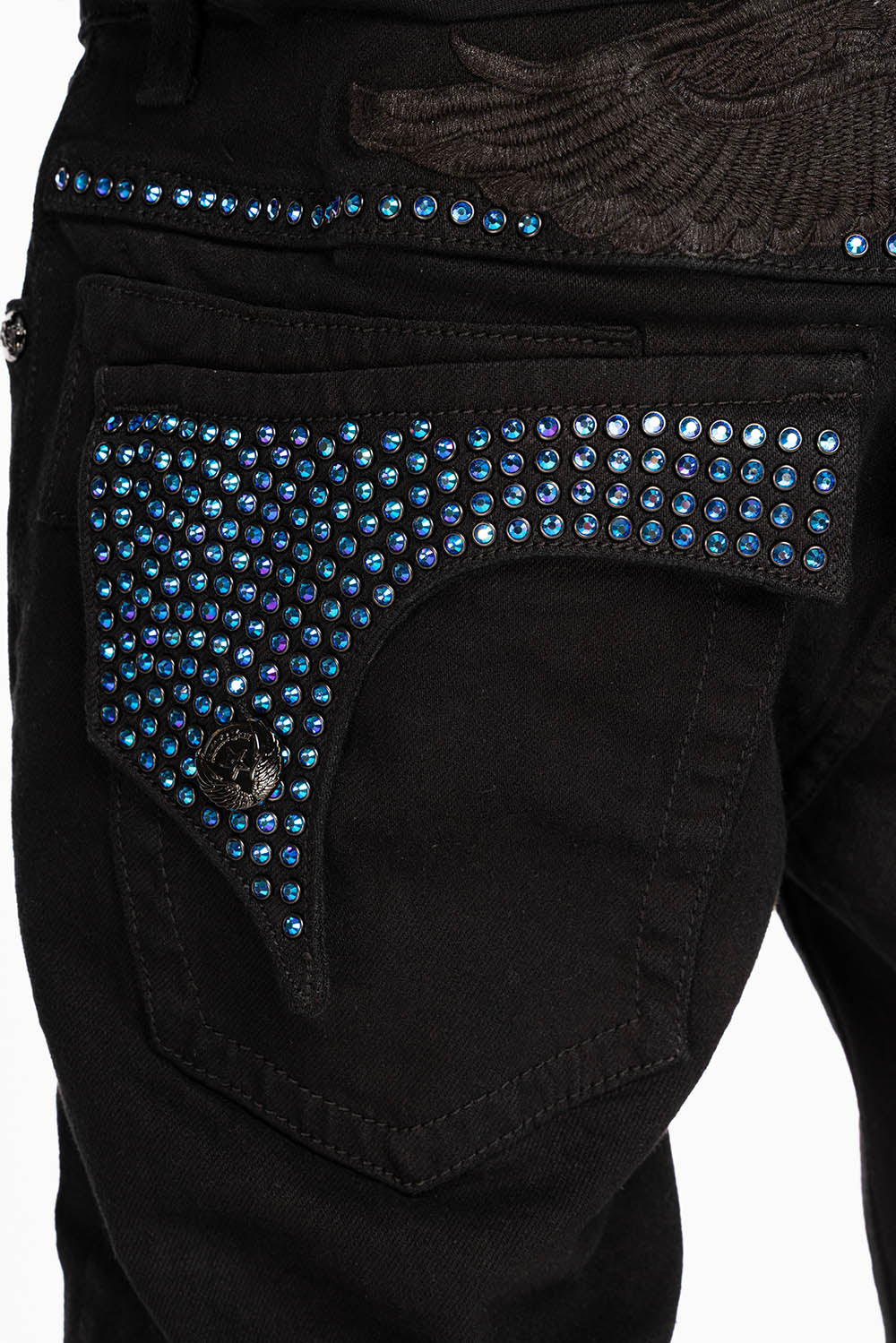 KILLER FLAP STRAIGHT JEANS IN PURE BLACK WASH WITH BLUE CRYSTALS
