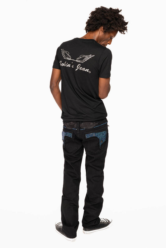 KILLER FLAP STRAIGHT JEANS IN PURE BLACK WASH WITH BLUE CRYSTALS