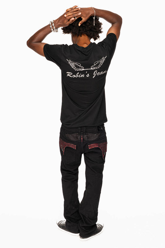 KILLER FLAP STRAIGHT JEANS IN PURE BLACK WASH WITH RED CRYSTALS