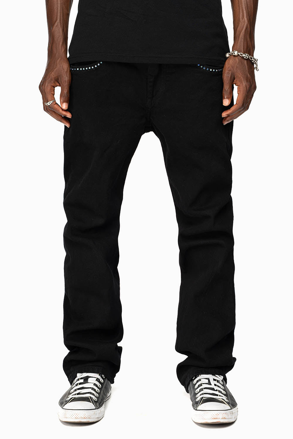 KILLER FLAP MENS STRAIGHT LEG JEAN IN BLACK FULLY EMBELLISHED WITH SAPPHIRE CRYSTALS