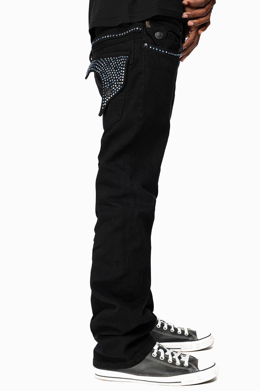 KILLER FLAP MENS STRAIGHT LEG JEAN IN BLACK FULLY EMBELLISHED WITH SAPPHIRE CRYSTALS