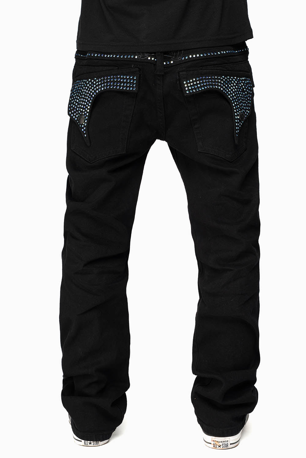 KILLER FLAP MENS STRAIGHT LEG JEAN IN BLACK FULLY EMBELLISHED WITH SAPPHIRE CRYSTALS