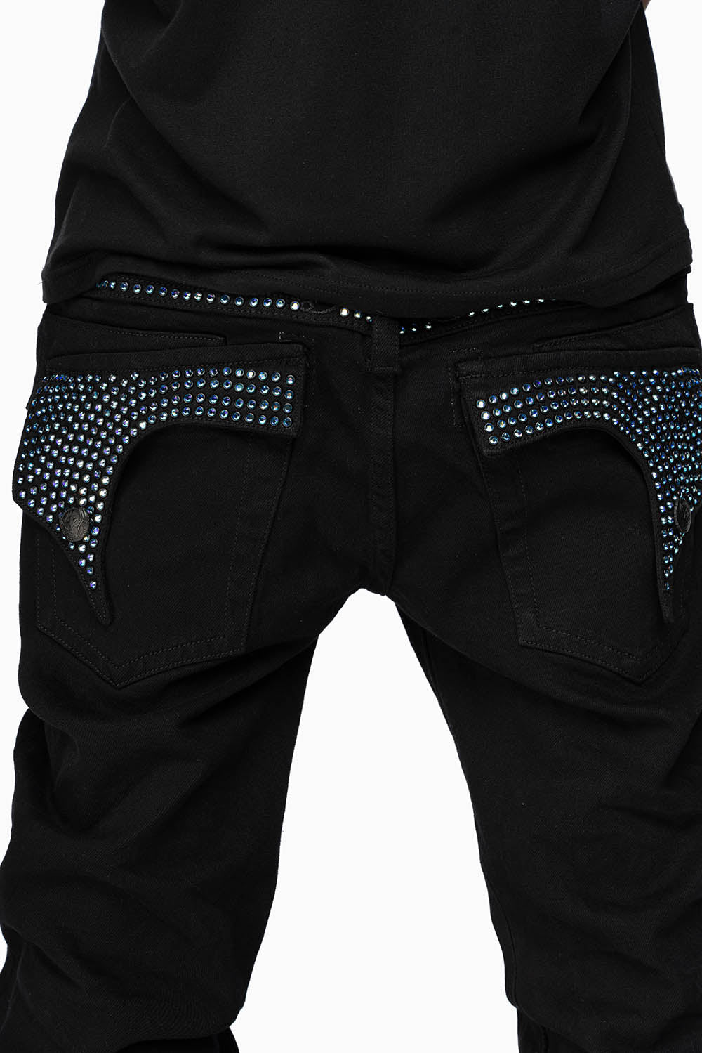 KILLER FLAP MENS STRAIGHT LEG JEAN IN BLACK FULLY EMBELLISHED WITH SAPPHIRE CRYSTALS