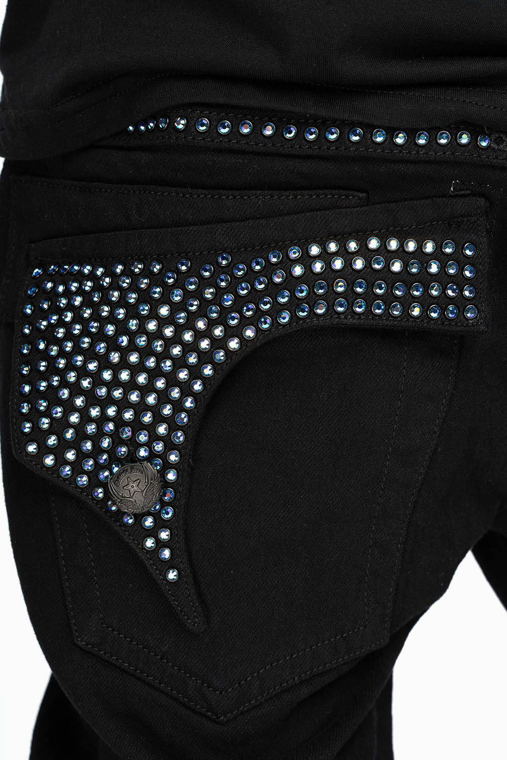 KILLER FLAP MENS STRAIGHT LEG JEAN IN BLACK FULLY EMBELLISHED WITH SAPPHIRE CRYSTALS