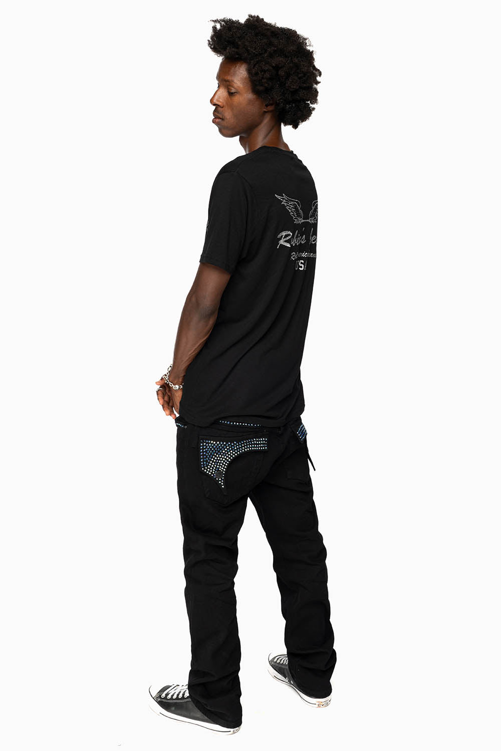 KILLER FLAP MENS STRAIGHT LEG JEAN IN BLACK FULLY EMBELLISHED WITH SAPPHIRE CRYSTALS