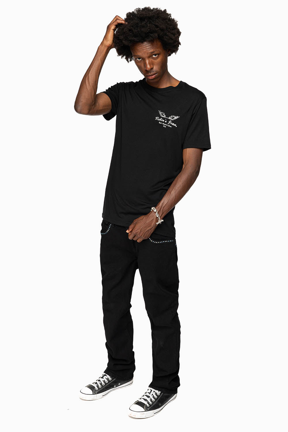 KILLER FLAP MENS STRAIGHT LEG JEAN IN BLACK FULLY EMBELLISHED WITH SAPPHIRE CRYSTALS
