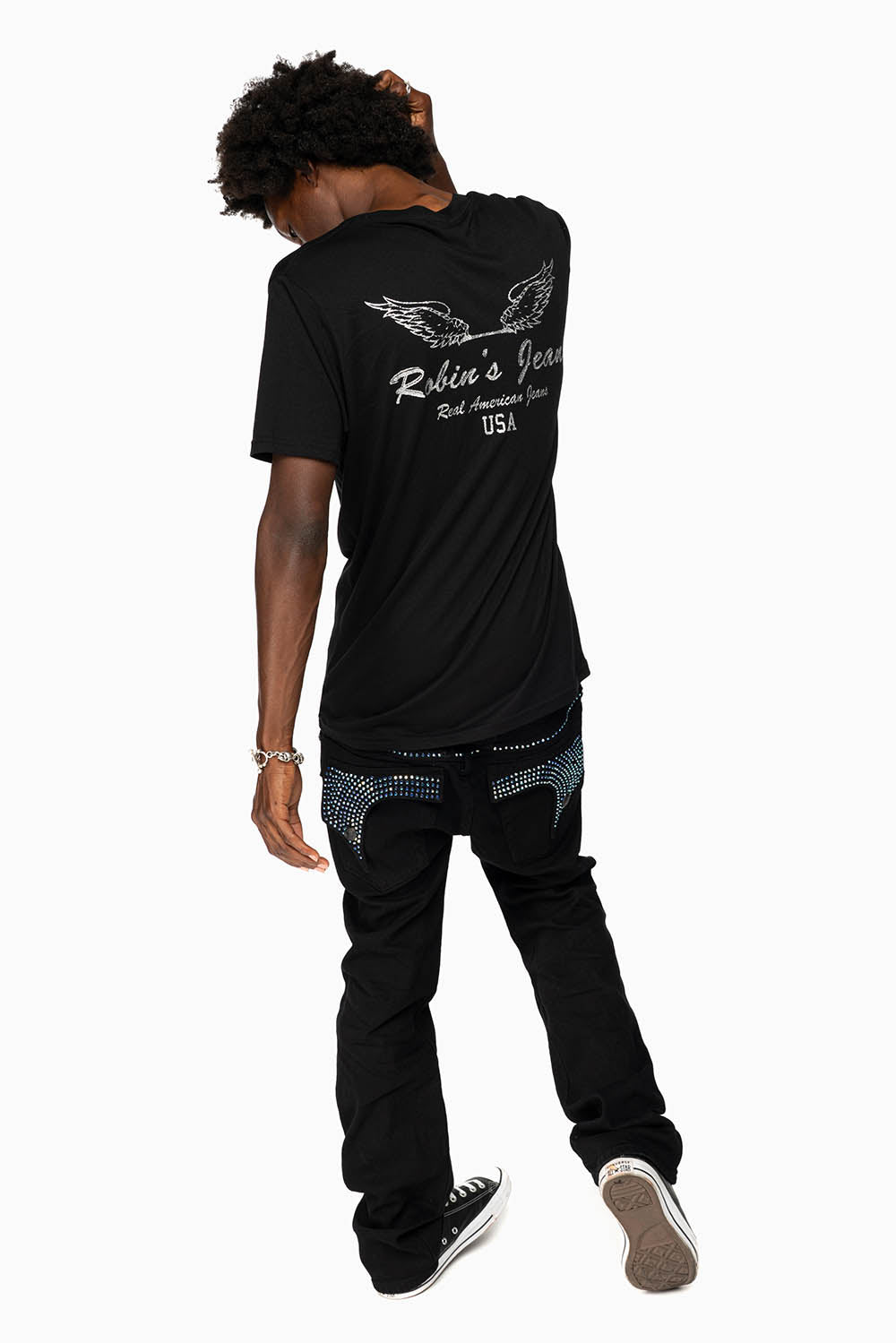 KILLER FLAP MENS STRAIGHT LEG JEAN IN BLACK FULLY EMBELLISHED WITH SAPPHIRE CRYSTALS