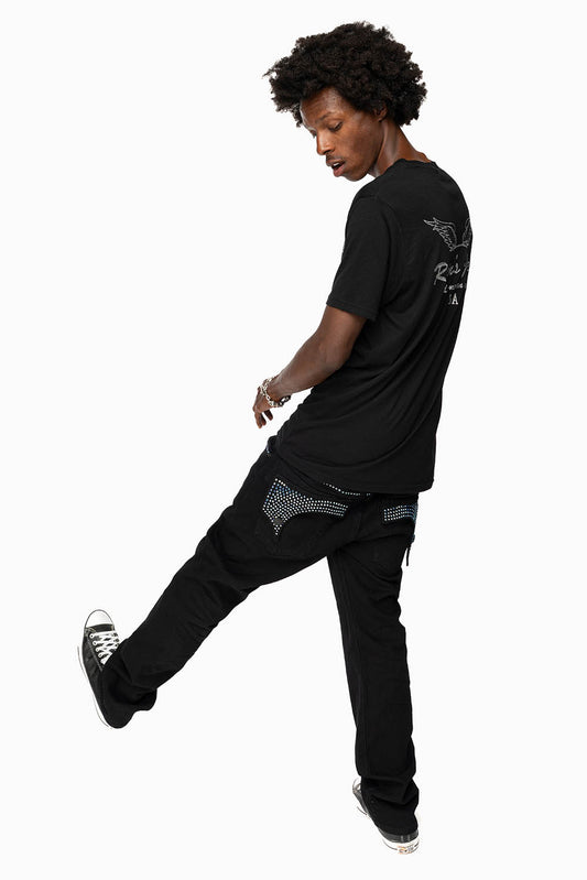 KILLER FLAP MENS STRAIGHT LEG JEAN IN BLACK FULLY EMBELLISHED WITH SAPPHIRE CRYSTALS