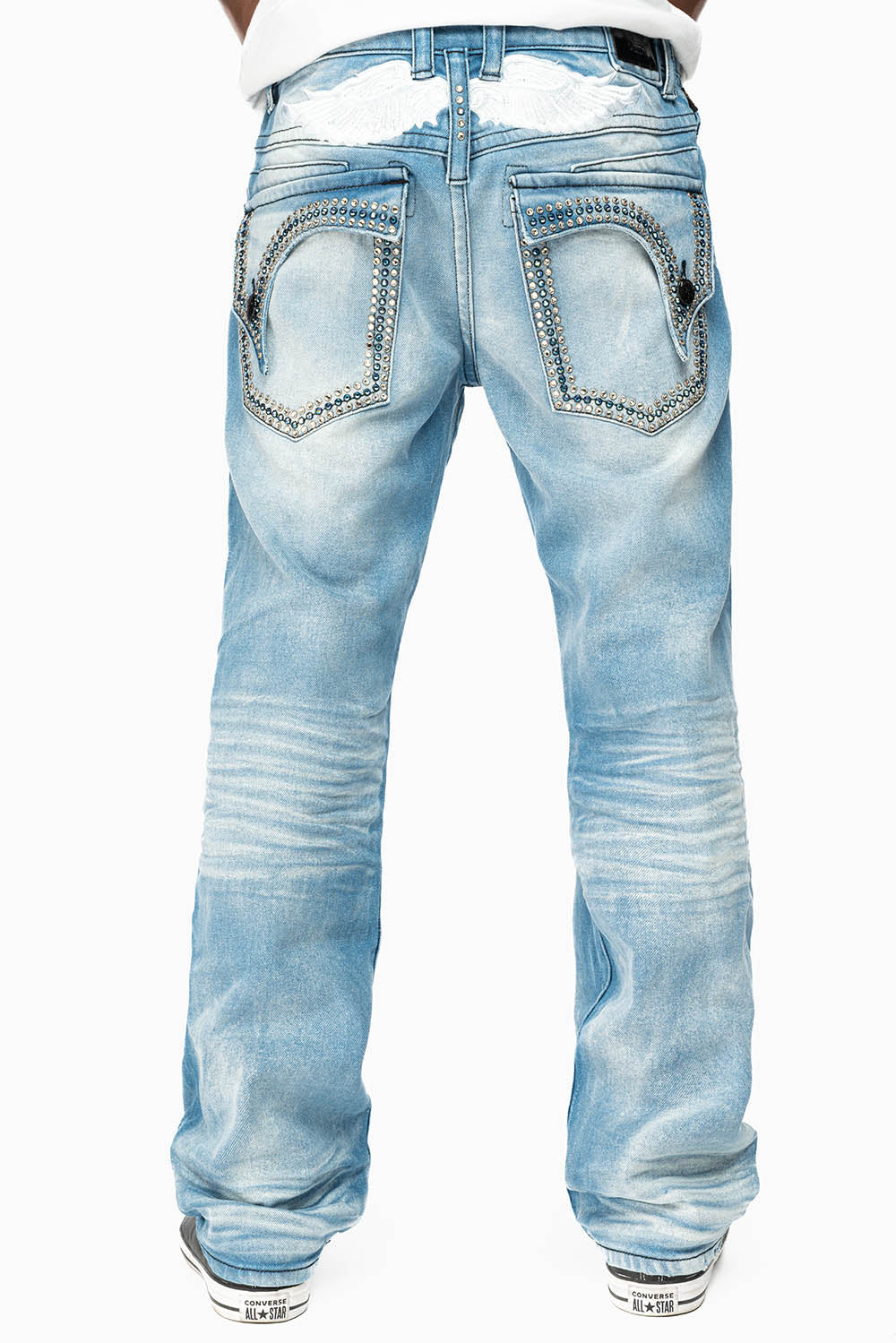 KILLER FLAP MENS STRAIGHT LEG JEAN IN OMAHA LIGHT BLUE WASH EMBELLISHED WITH CLEAR AND SAPPHIRE  CRYSTALS