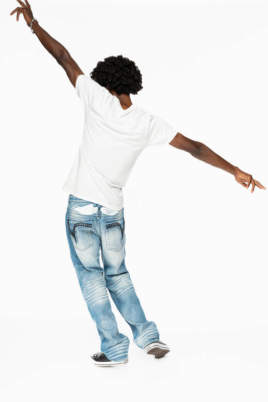 KILLER FLAP MENS STRAIGHT LEG JEAN IN OMAHA LIGHT BLUE WASH EMBELLISHED WITH JET BLK AND BLK DIAMOND CRYSTAL