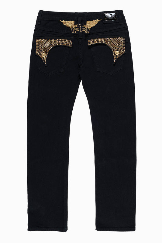 KILLER FLAP MENS STRAIGHT LEG JEAN IN PURE BLACK EMBELLISHED WITH SMOKEY TOPAZ CRYSTALS