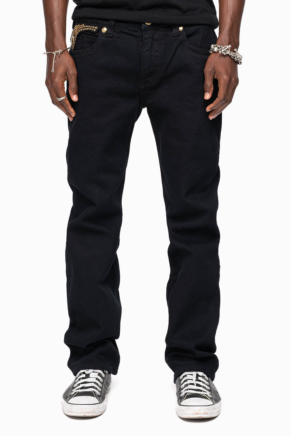 KILLER FLAP MENS STRAIGHT LEG JEAN IN PURE BLACK EMBELLISHED WITH SMOKEY TOPAZ CRYSTALS