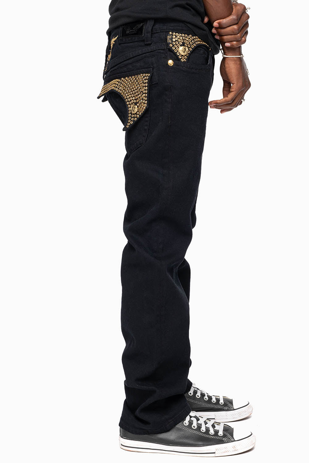 KILLER FLAP MENS STRAIGHT LEG JEAN IN PURE BLACK EMBELLISHED WITH SMOKEY TOPAZ CRYSTALS
