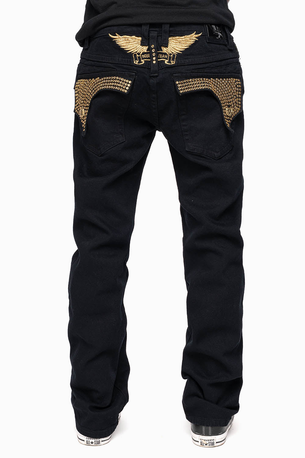 KILLER FLAP MENS STRAIGHT LEG JEAN IN PURE BLACK EMBELLISHED WITH SMOKEY TOPAZ CRYSTALS